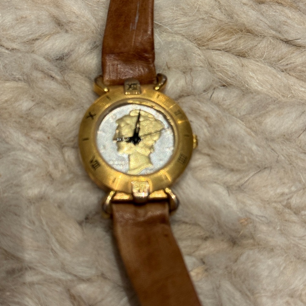 Gold Tone Coin Face Vintage Watch with Brown Leather Strap